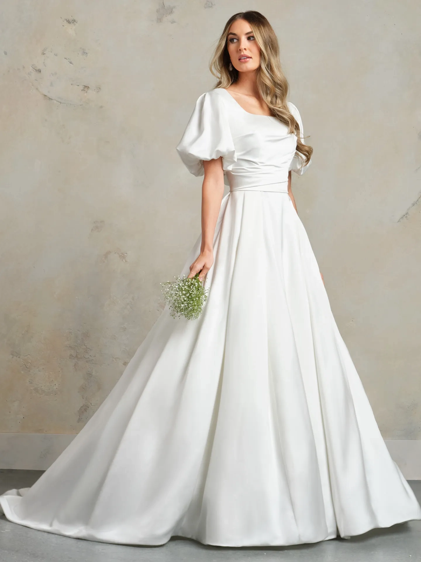 Lvs&Broner White Square Neck Bubble Sleeves Long Wedding Dress With Pleated