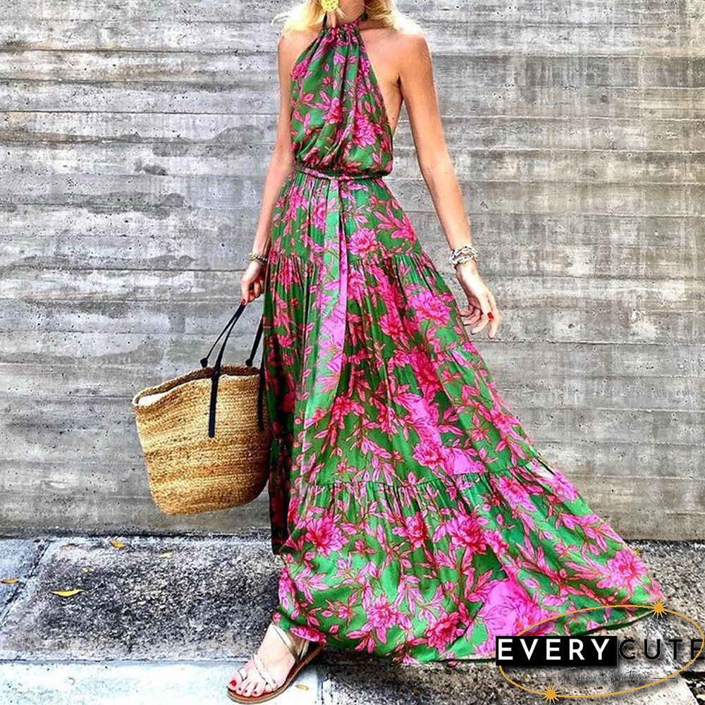 Printed Dress with Open Neck and Waist