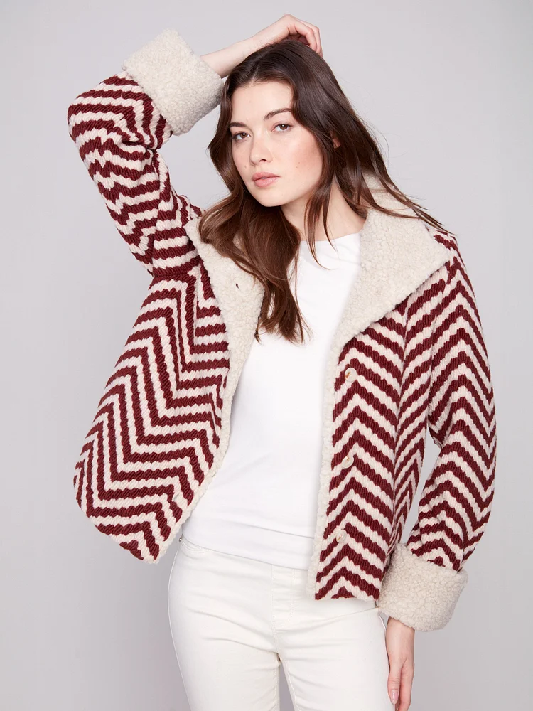 Chevron Boucl&eacute; Short Jacket With Sherpa Trim - Cabernet