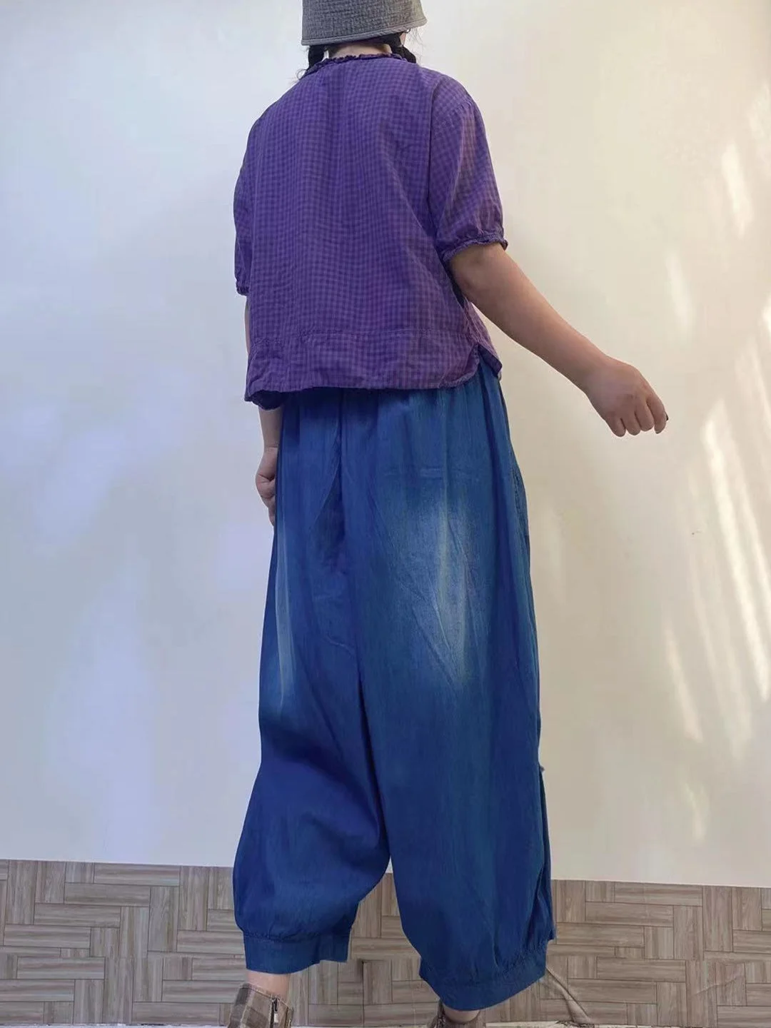 Women's Large Size High Waist Loose Wide Leg Ripped Denim Cropped Pants