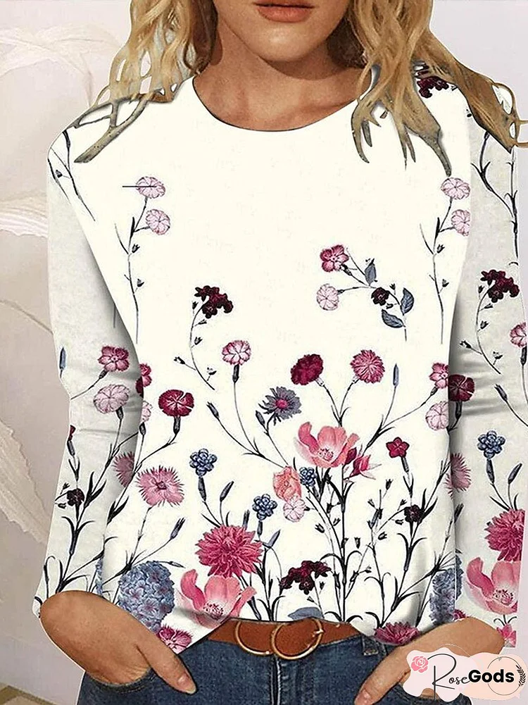Casual Floral Design Crew Neck Pullover T-Shirt