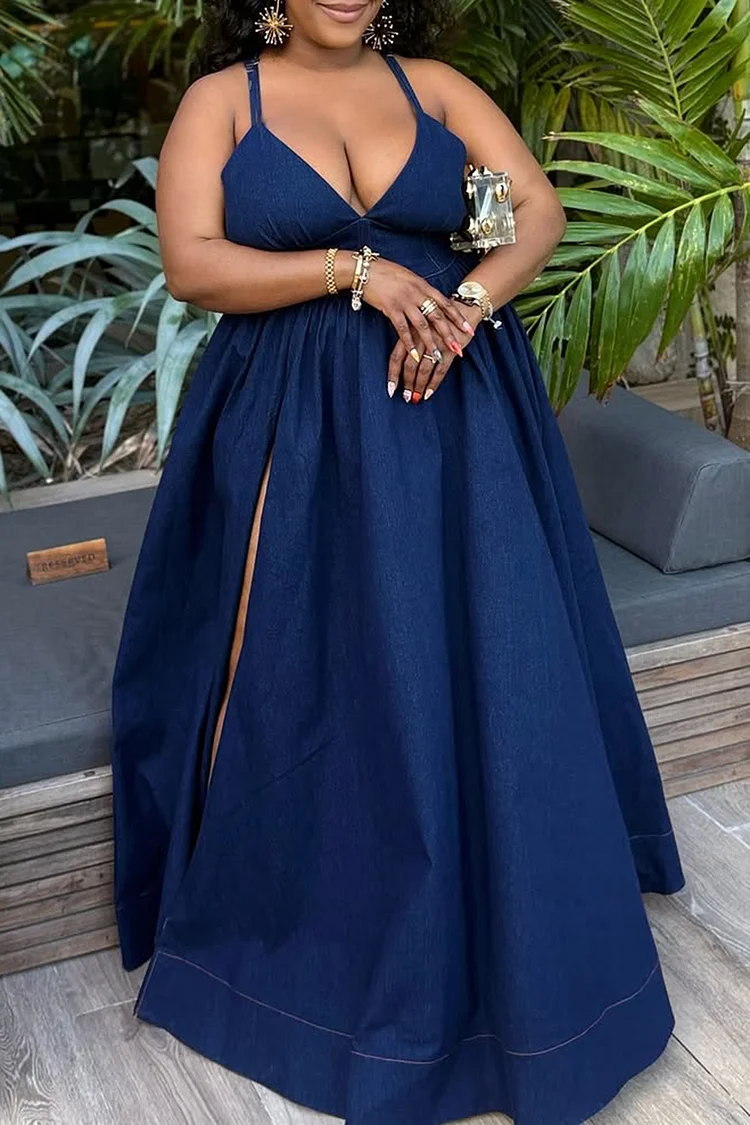 Plus Size Vacation Blue Sundress V Neck Split Backless Tencel Denim Maxi Dresses [Pre-Order] 2024 - Xpluswear