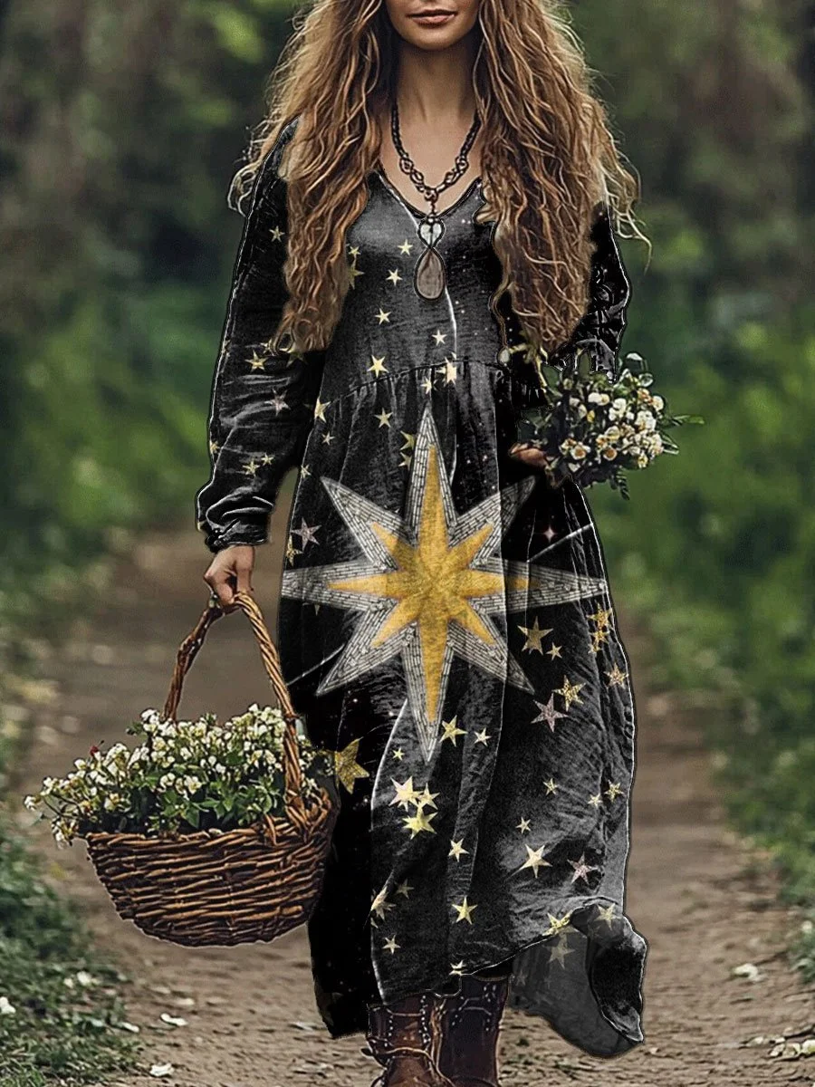 Women's Planets Shiny Stylish Gliters Art Print Pocket Cotton Dress