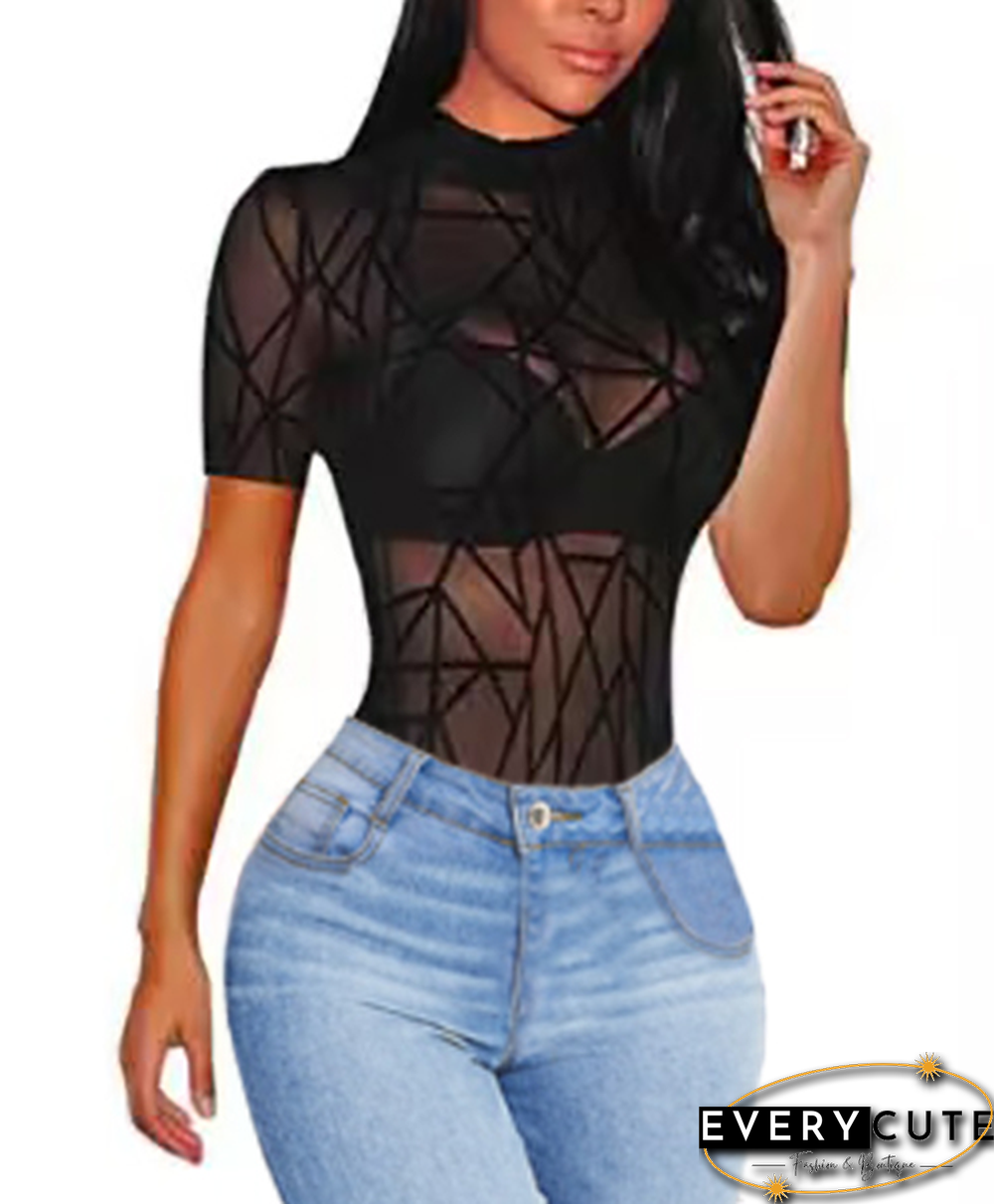 Black Sheer Mesh Mock Neck Short Sleeve Tops