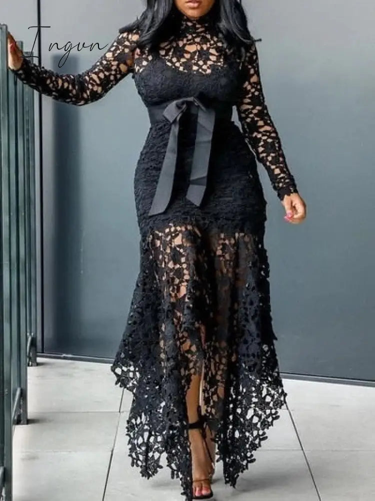 Ingvn - Slim Sexy Dress Women Spaghetti Straps Lace Mesh Perspective Party Fishtail Patchwork Midi