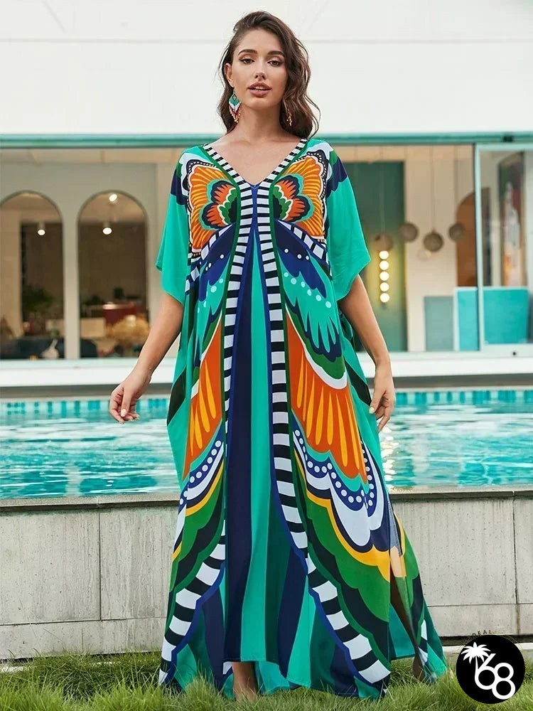 Women's Polyester V-Neck Short Sleeve Printed Pattern Maxi Dress | 168DEAL