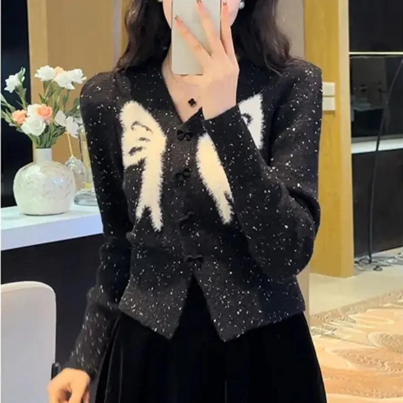 Churchf Churchf Design Sense Embroidered Bow Sweater 2024 Autumn / Winter Sweet Printed Cardigan Show Thin Jacket