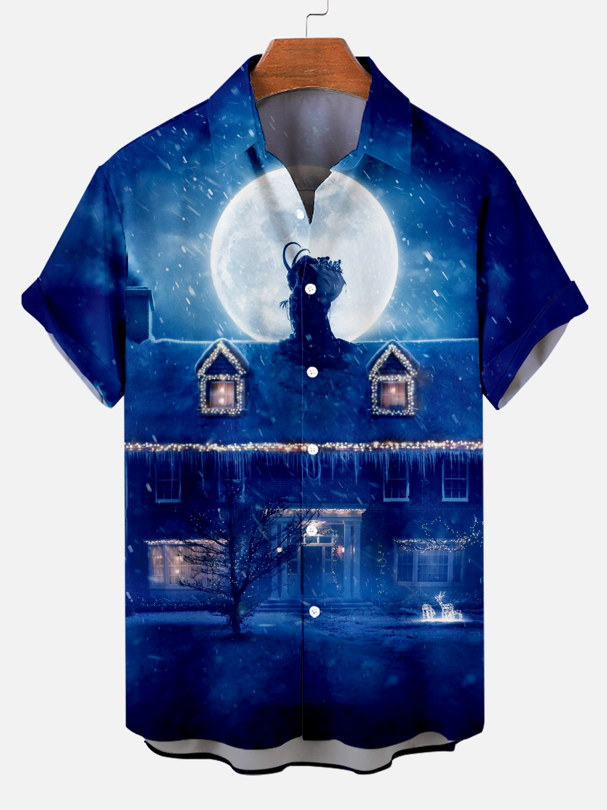 Men's Christmas Night Monster's Visit Printed Short Sleeve Shirt PLUSCLOTHESMAN