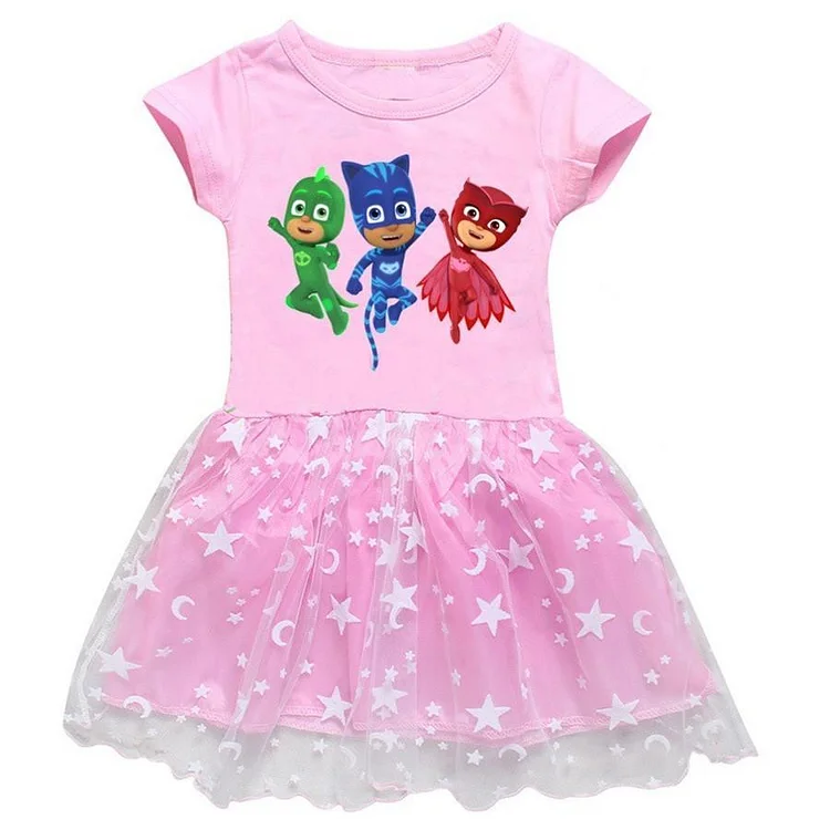 Pj Pajama Kid Hero Catboy Owlette Gekko Print Girls Cotton Tulle Dress-Mayoulove
