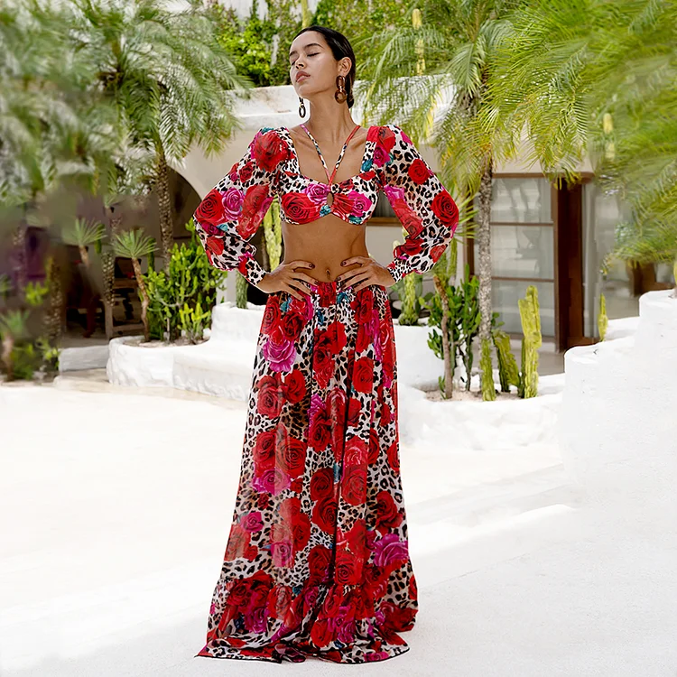 Lace Up Chiffon Long Sleeves Leopard Print High Waist Bikini Swimsuit and Skirt
