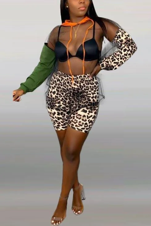 Sexy Print Leopard Stitching Mesh Two Piece
