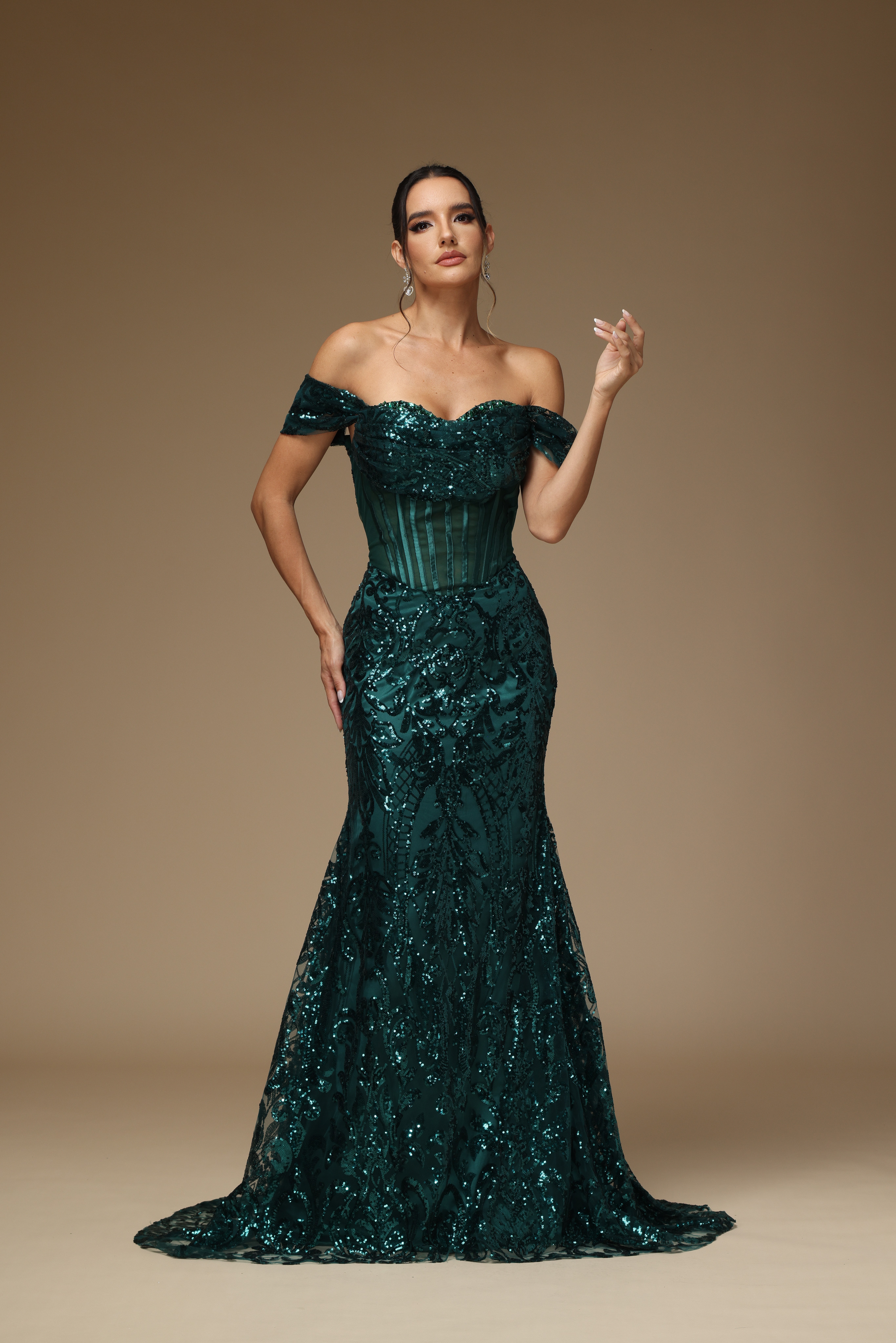 Dark Green Prom Dress Off-the-shoulder With Sequins Risias