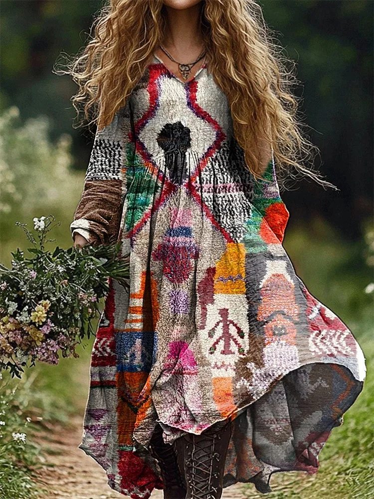 Women's Moroccan Flowers Print Pocket Cotton Dress