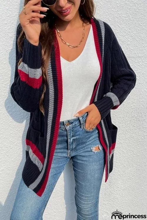 Open Front Striped Long Sleeve Cardigan