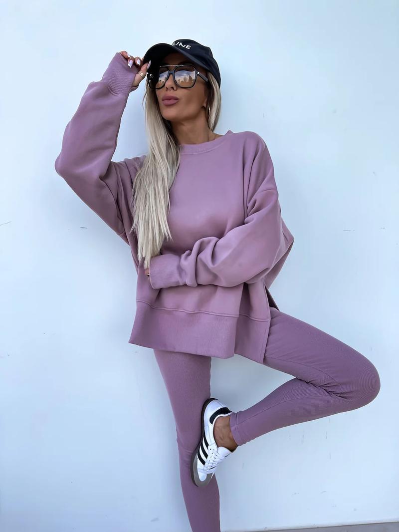 Oversize Two-Piece Set Women's Split Hem Sweatshirt & Skinny Pants, Casual Fashion Cozy Round Neck Long Sleeve Pullover Women's Clothing for Fall & Basic Winter Suits Womenswear Gamis