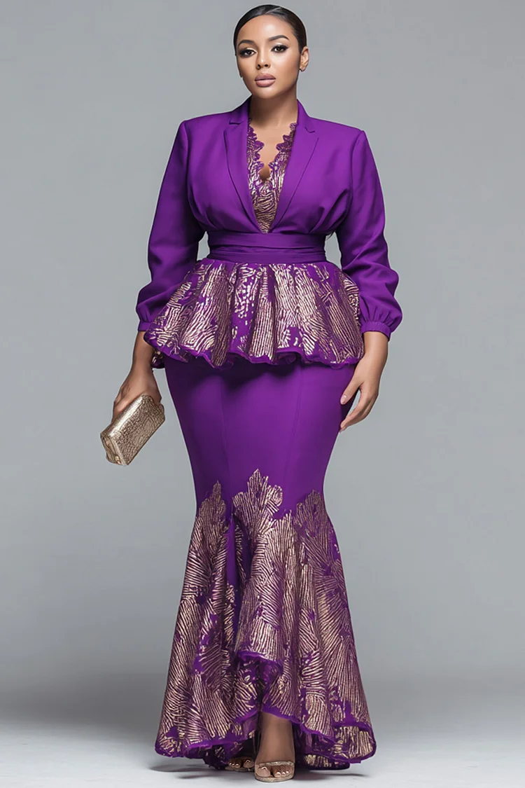 Xpluswear Design Plus Size Formal Purple African Print Lapel Collar Long Sleeve Mermaid Two Piece Skirt Sets [Pre-Order] 2024 - Xpluswear