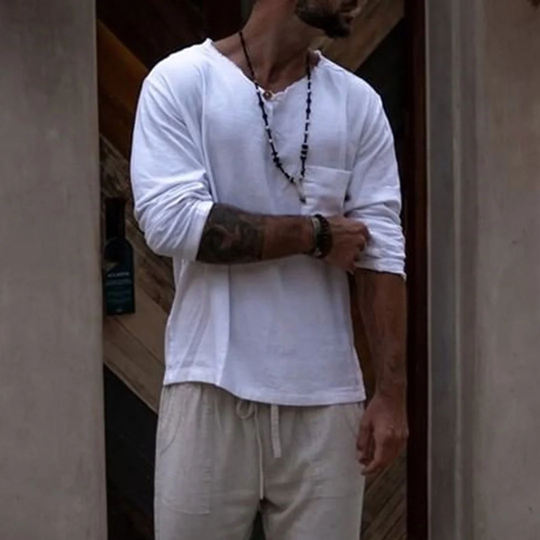 Men's Linen Plain Long-sleeved Round Neck Shirt