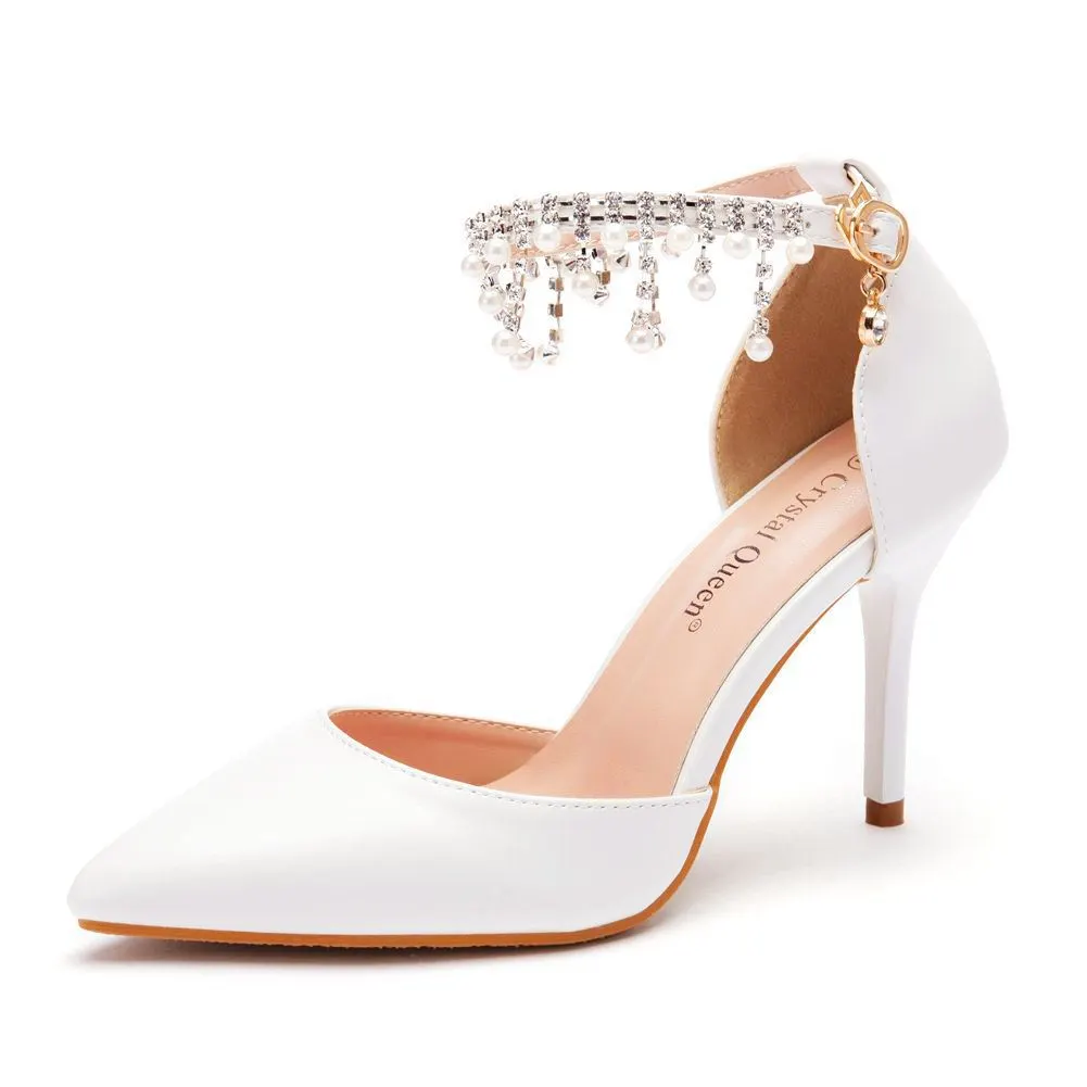 Breakj Breakj Suzu Beads Large-Size High-Heeled Sandals Fine-Heeled Sandals White Pointed Shoes Female Wedding Wedding Bridal Sandals