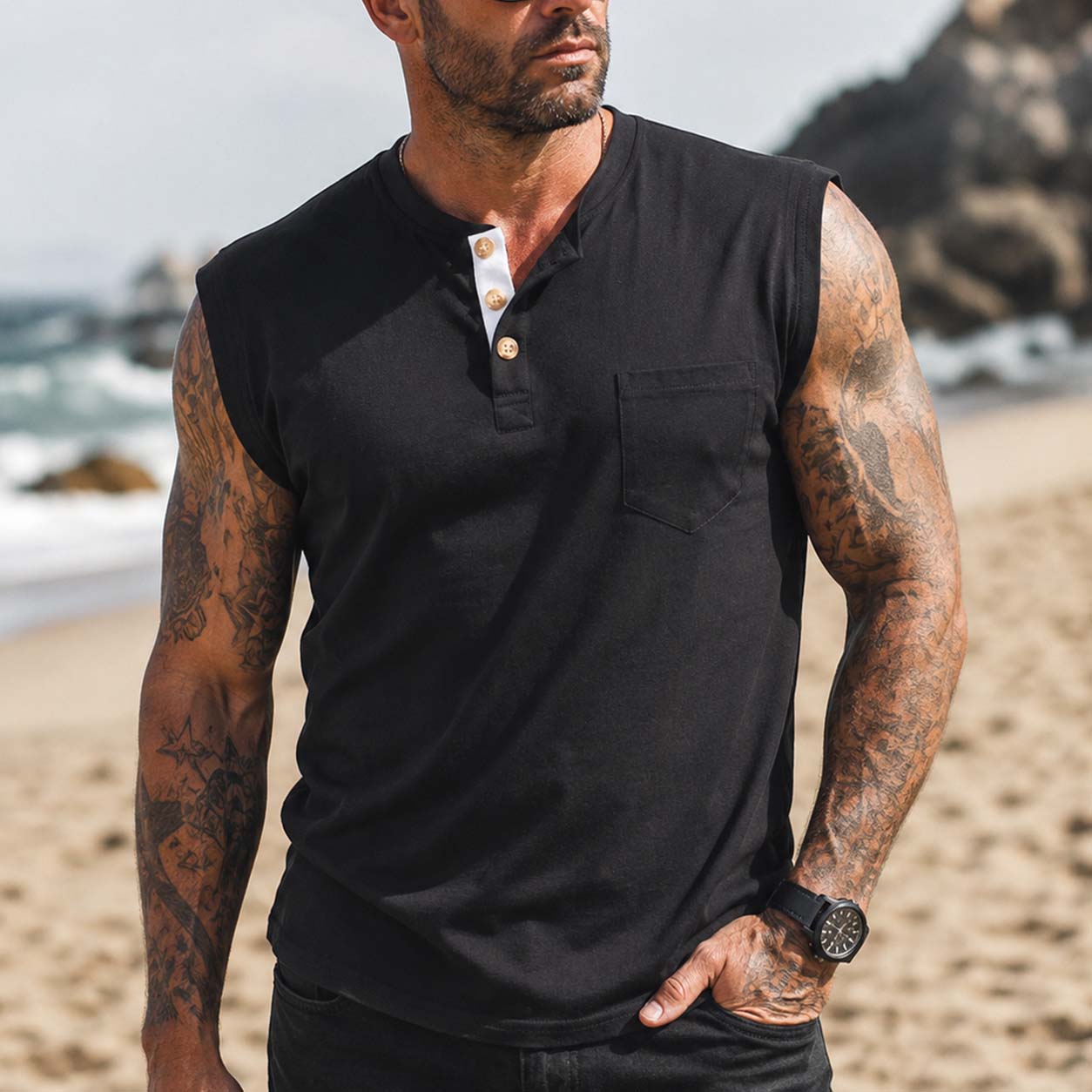 thesupersurf Men's Vintage Surfing Beach Solid Pocket Henley Sleeveless Tank Top 