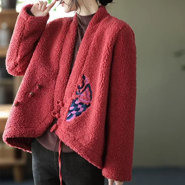 Ethnic Embroidered V-Neck Sherpa Wool Jacket