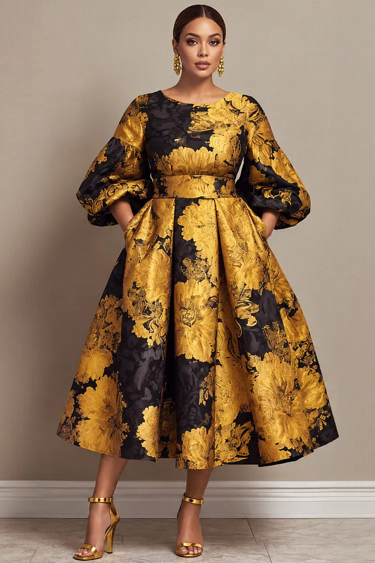 Xpluswear Design Plus Size Wedding Guest Gold Floral Round Neck Lantern Sleeve 3/4 Sleeve Pocket Satin Midi Dresses [Pre-Order] 2024 - Xpluswear