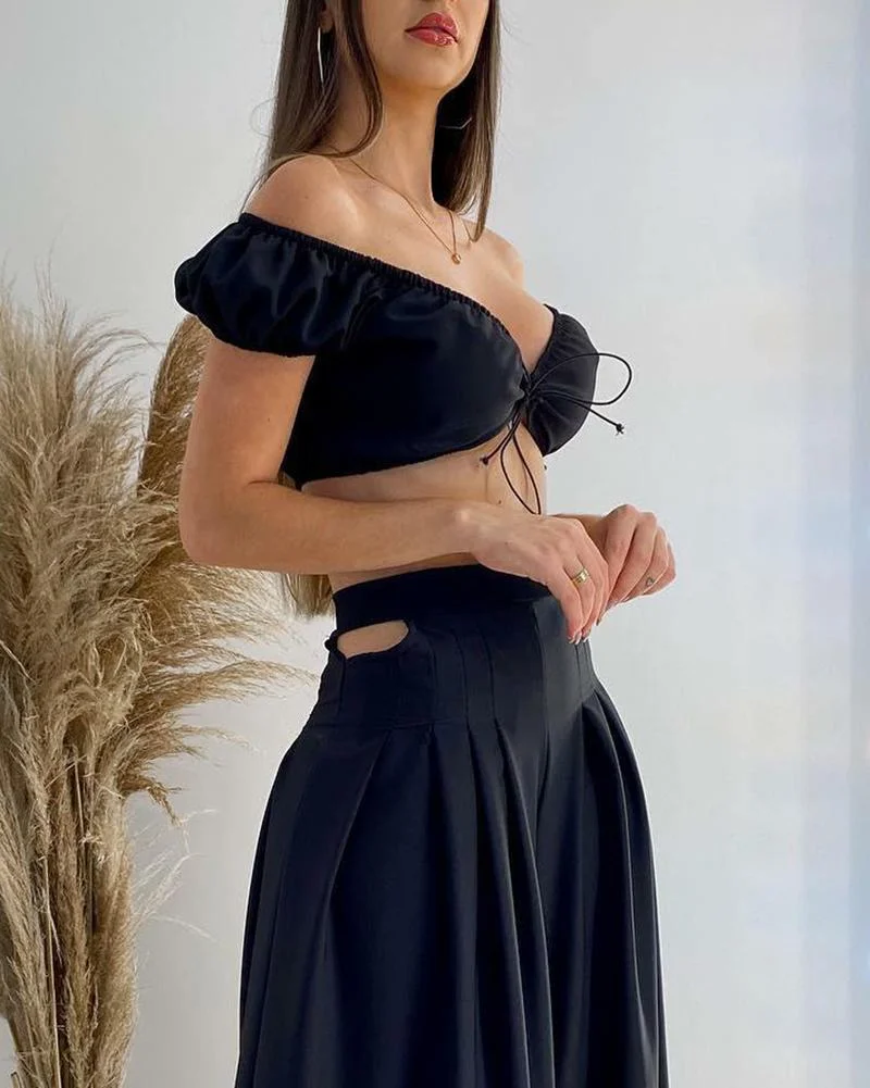 Two-piece set of crop top & plain wide-leg pants