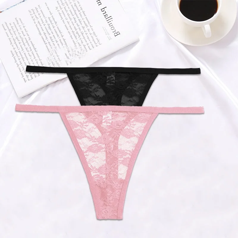 FINETOO 2PCS/Set Women Lace G-string Panties Thongs Sexy Underwear Pantys Low-Waist Femme Underpants Mesh Transparent  Lingerie