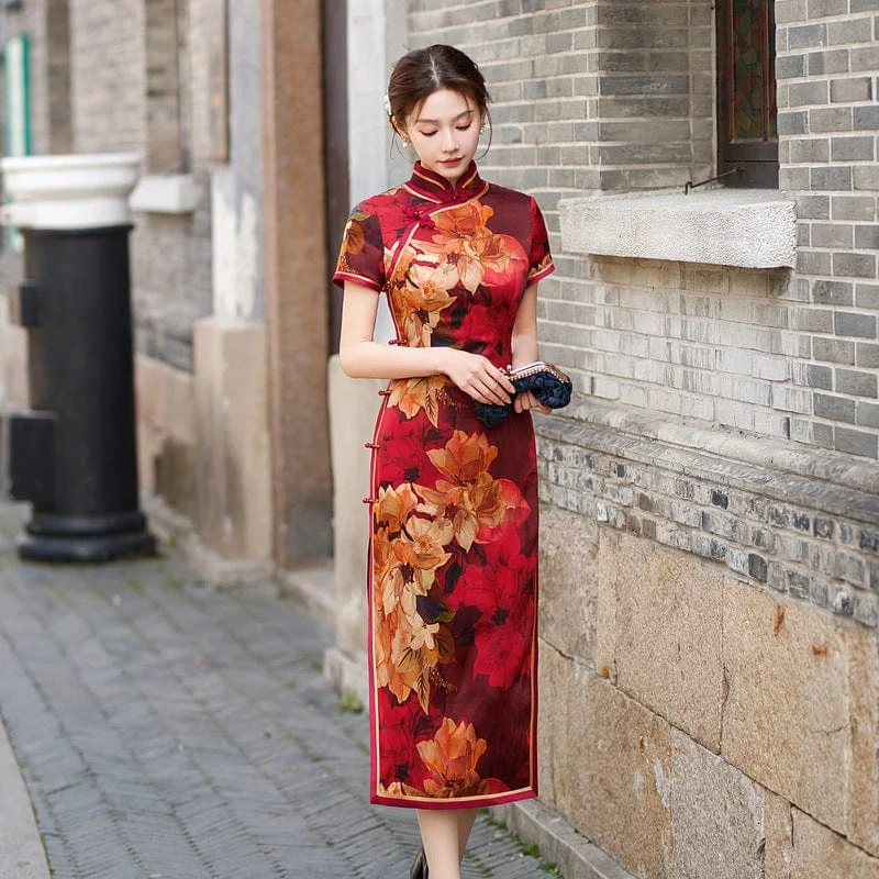 19 mome mulberry silk, floral pattern, high-end long Qipao