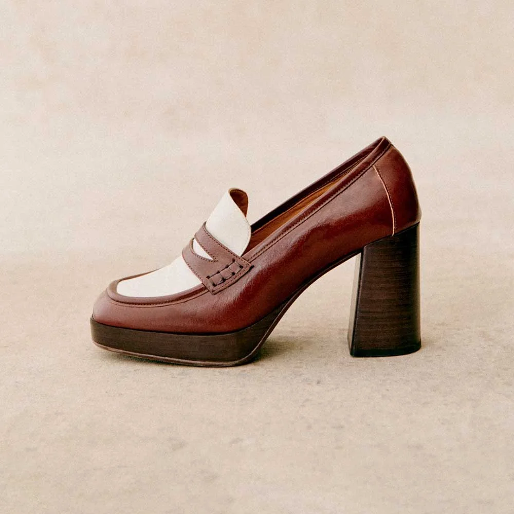 Brown & White Vegan Leather Square Toe Platform Loafers With Chunky Heels Nicepairs