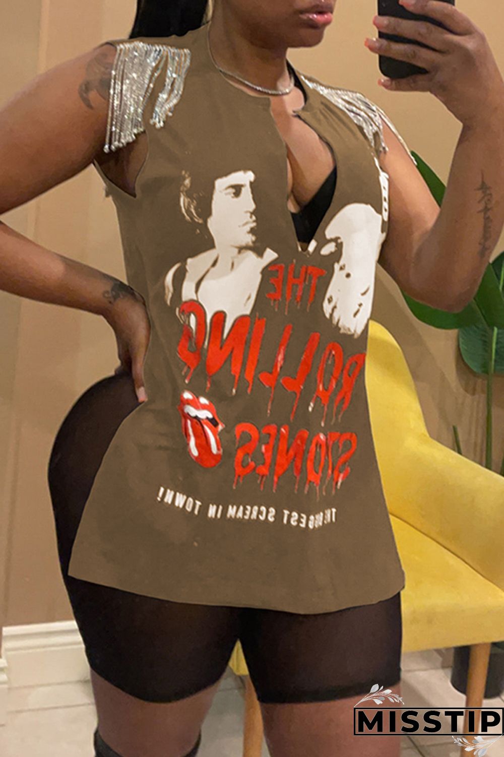 Brown Fashion Casual Print Tassel Patchwork V Neck T-Shirts