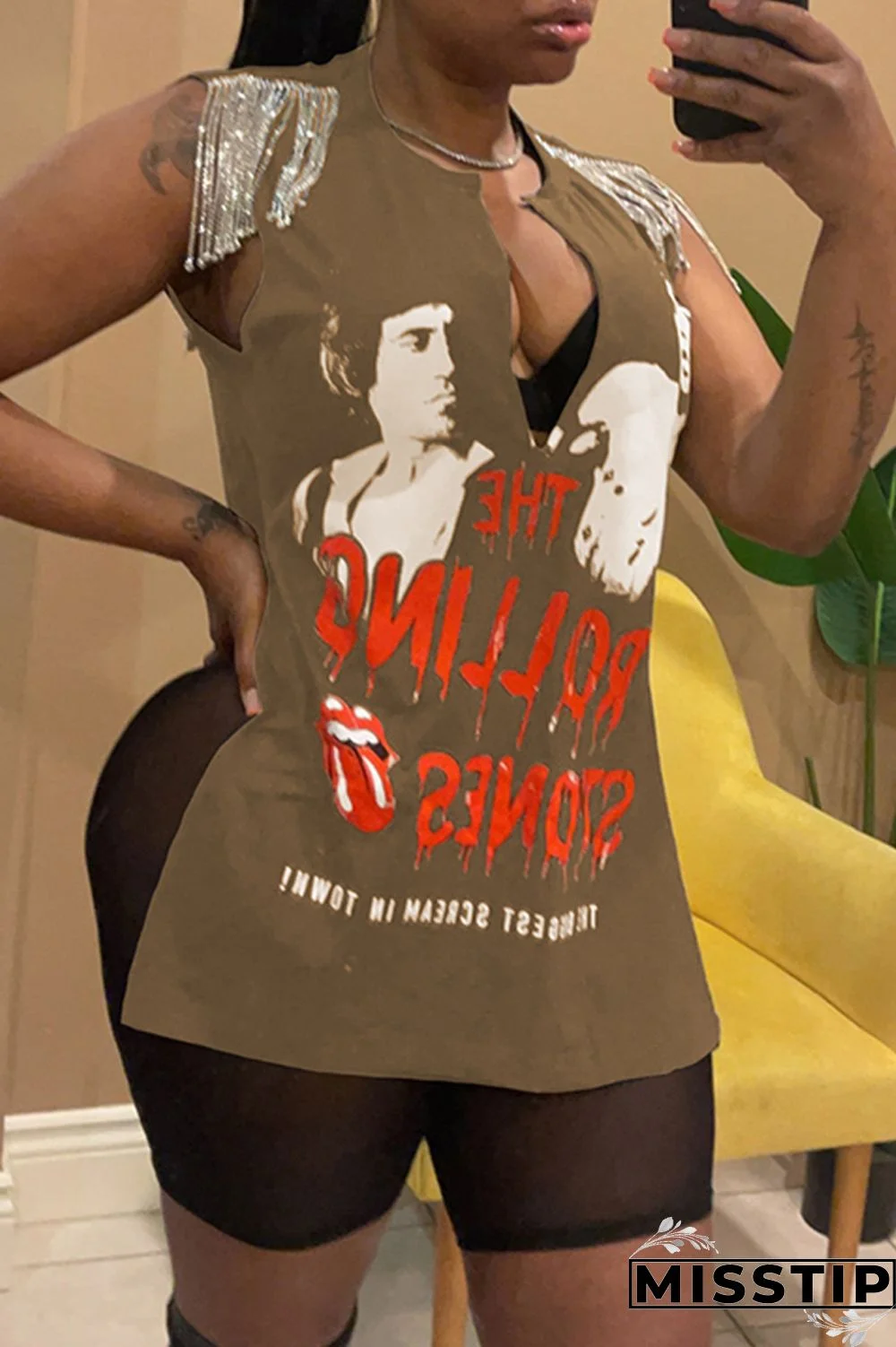 Brown Fashion Casual Print Tassel Patchwork V Neck T-Shirts