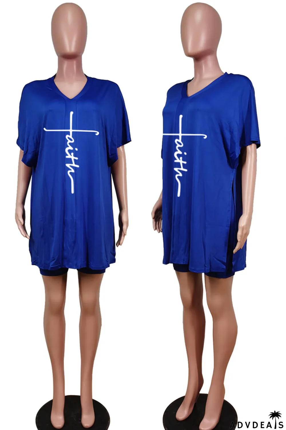 Tangerine Red Casual Print Split Joint V Neck Short Sleeve Two Pieces