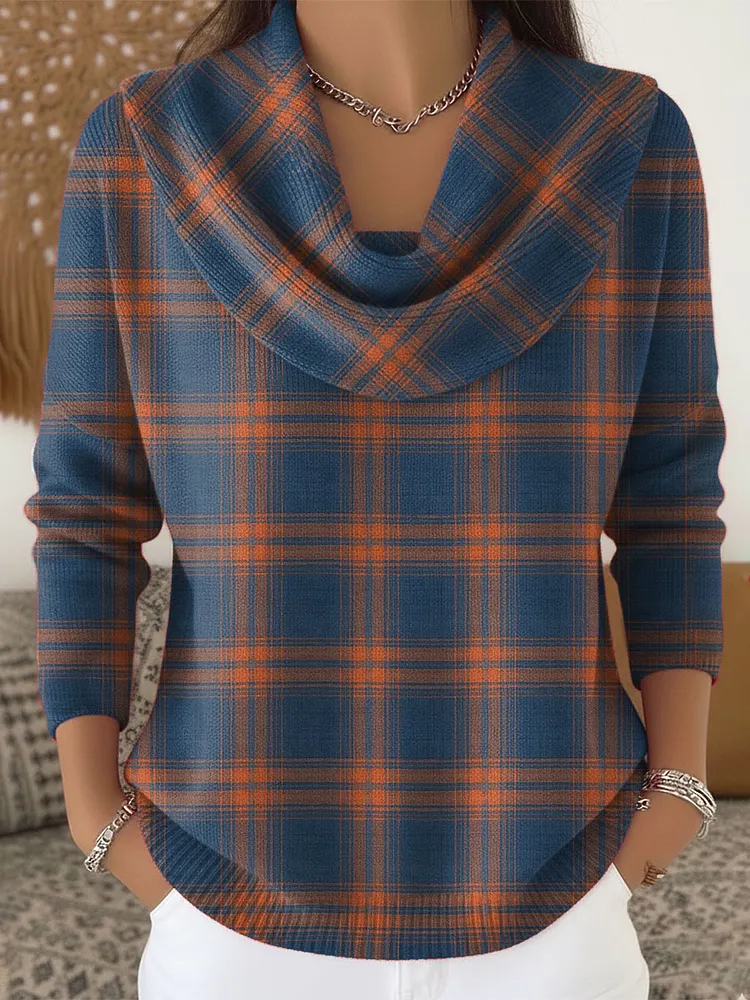 Women's Vintage Plaid Art Print Cowl Neck Sweater