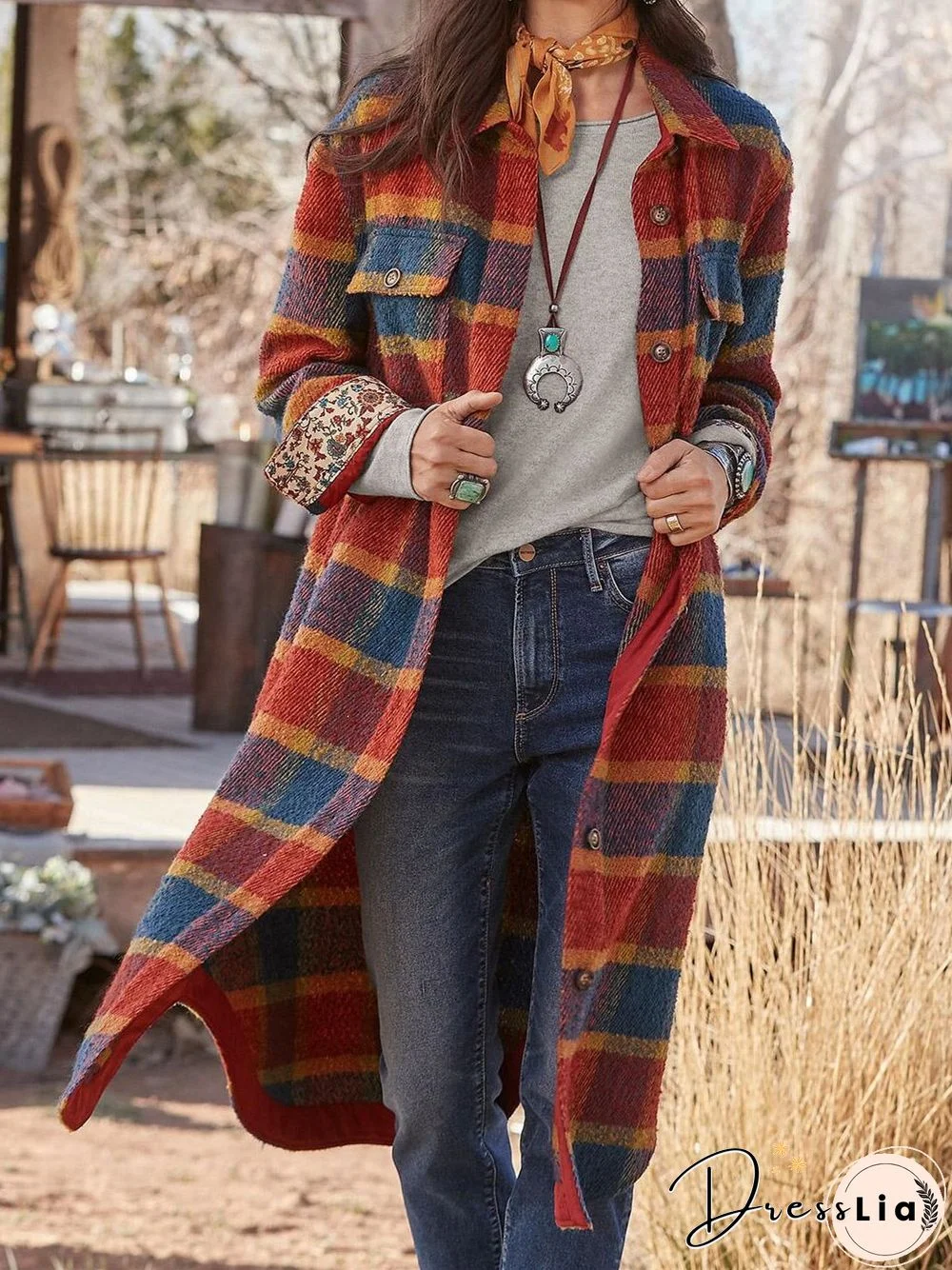 Leisure Colored Plaid Straight Coat