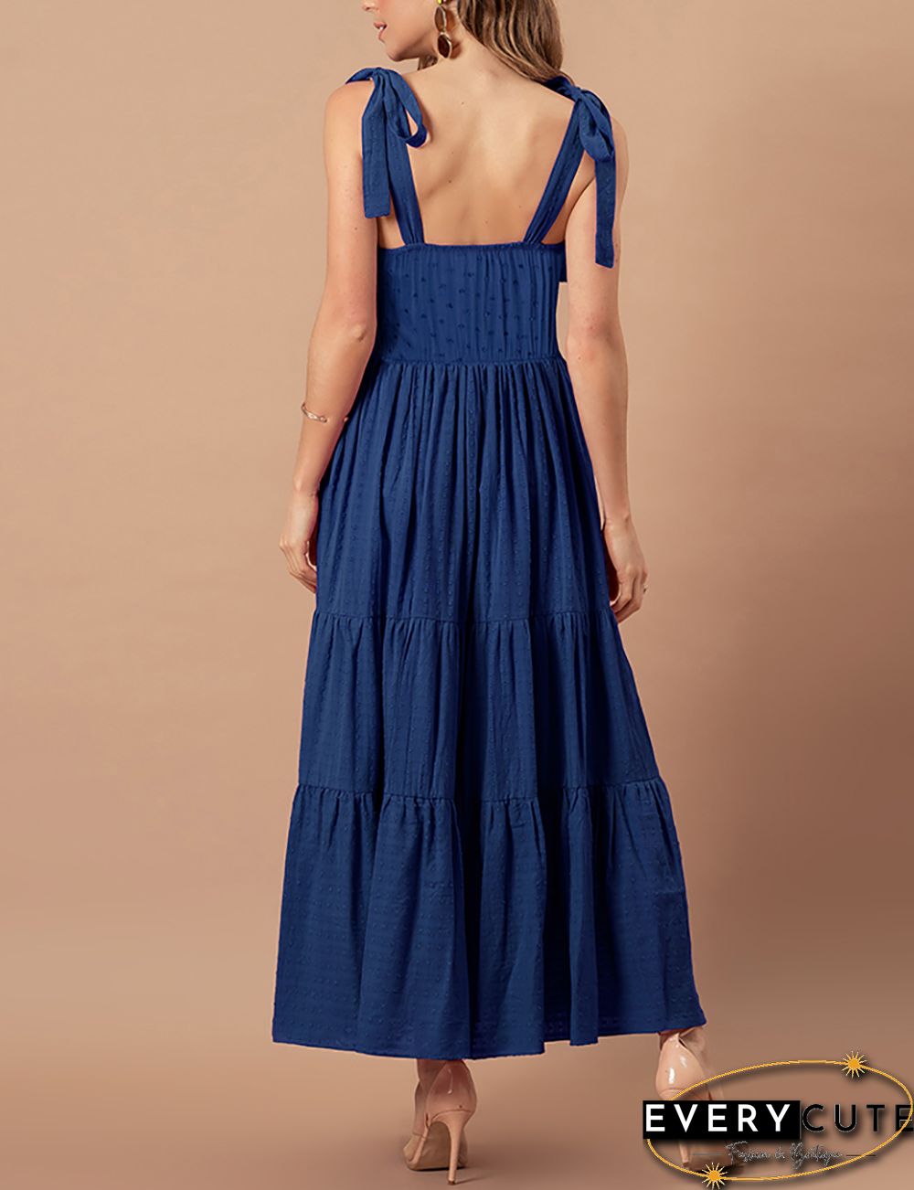 Navy Blue Cotton Blend Slim Waist Jacquard Long Dress