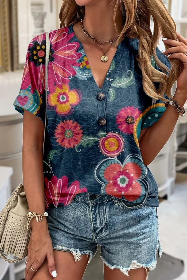 Chic Floral Print V-Neck T-Shirt