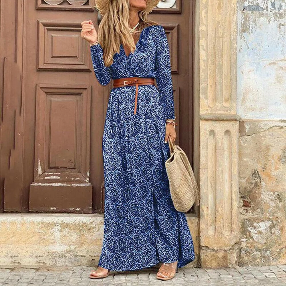 Women's Dress Summer Casual Boho Bohemian Long 2021 Chiffon Oversize Short Sleeve Maxi Beach Dress Casual Elegant Sundress