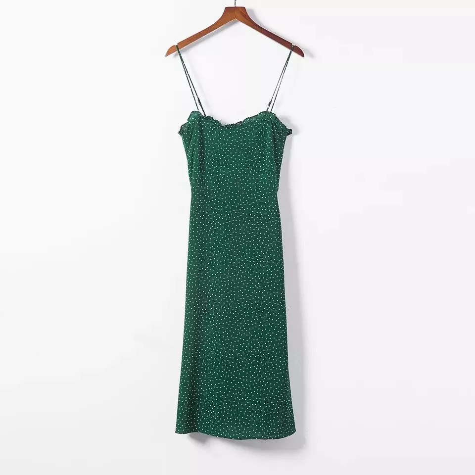Marwin 2019 New-Coming Summer European Retro Dark green Dot Spaghetti Strap Lace Split High Street Style Strapless Women Dresses