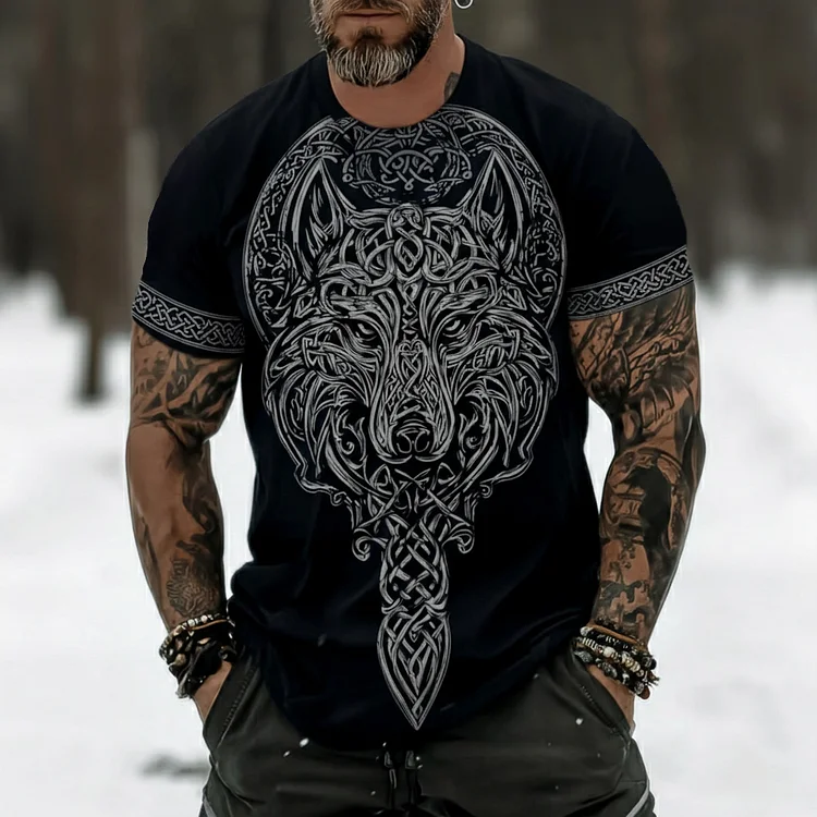 Men's Retro Viking Celtic Wolf Pattern Crew Neck Short Sleeve T-shirt
