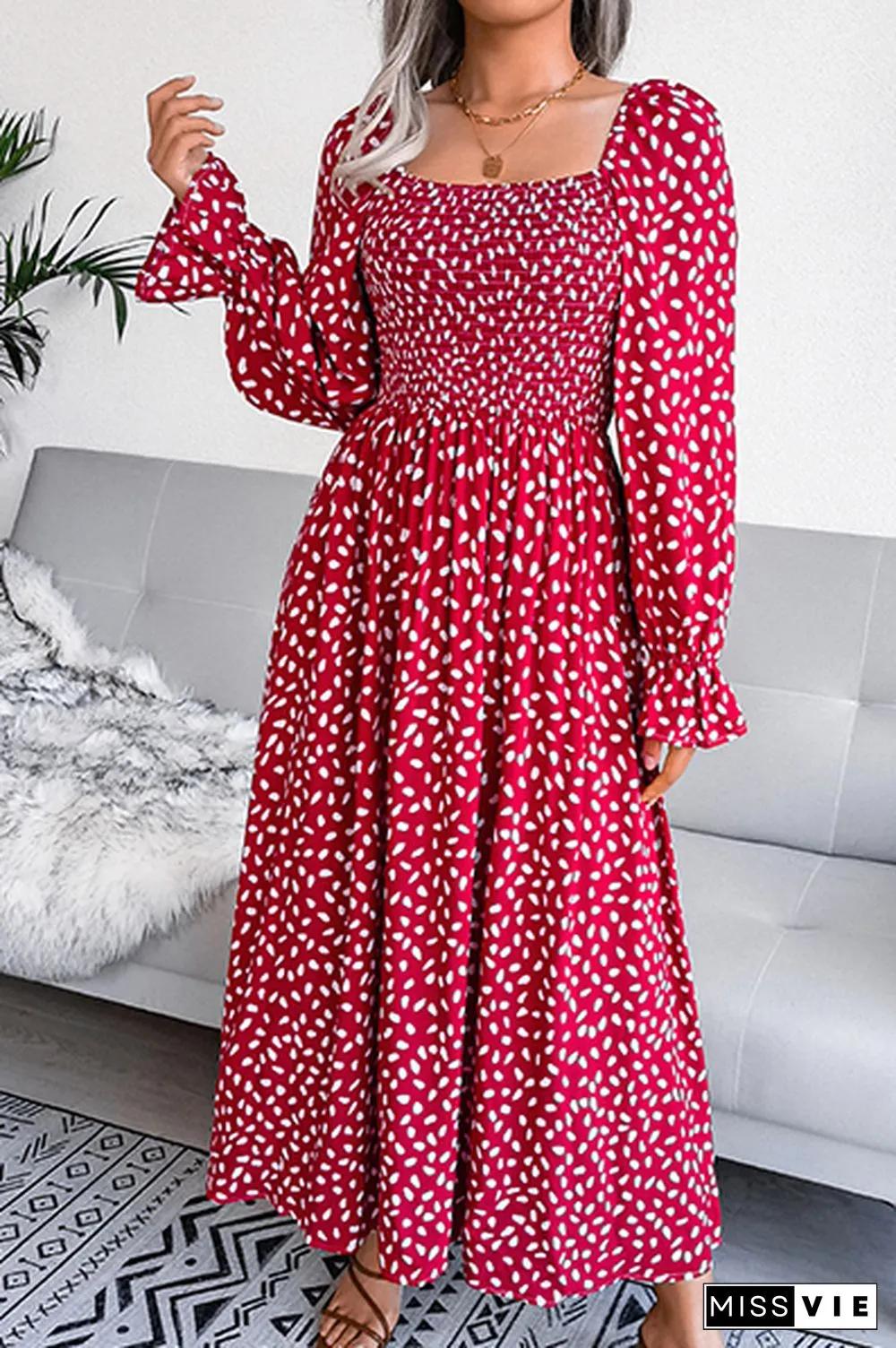 Elegant Print Flounce Fold Square Collar Dresses