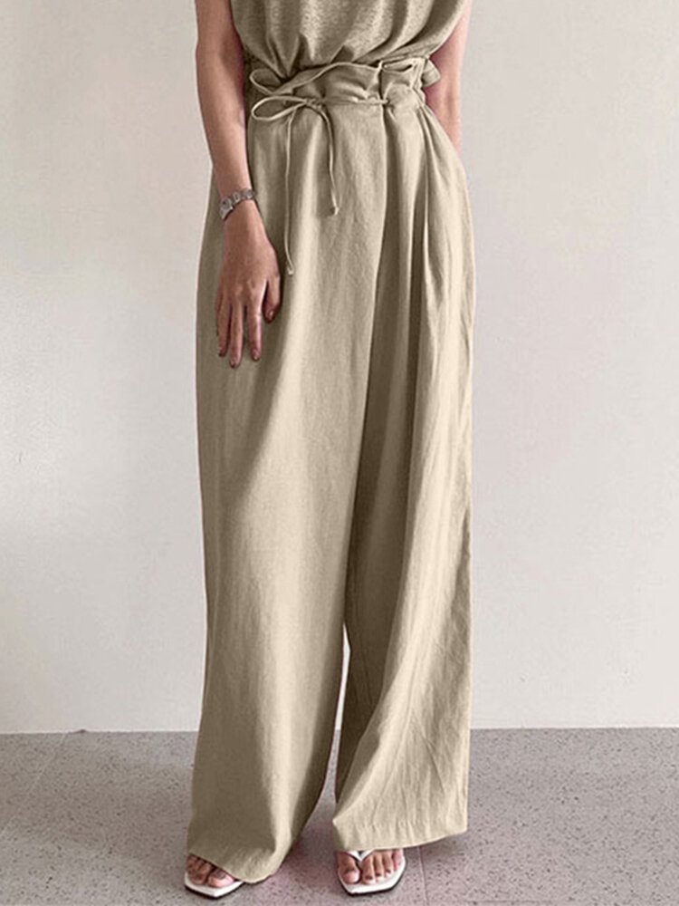 Ruffle Waist Solid Pocket Casual Loose Wide Leg Pants - Shop Trendy Women's Clothing | LoverChic