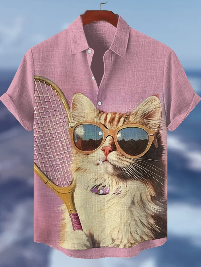 Men's Tennis Racket Coolest Cat Art Print Shirt