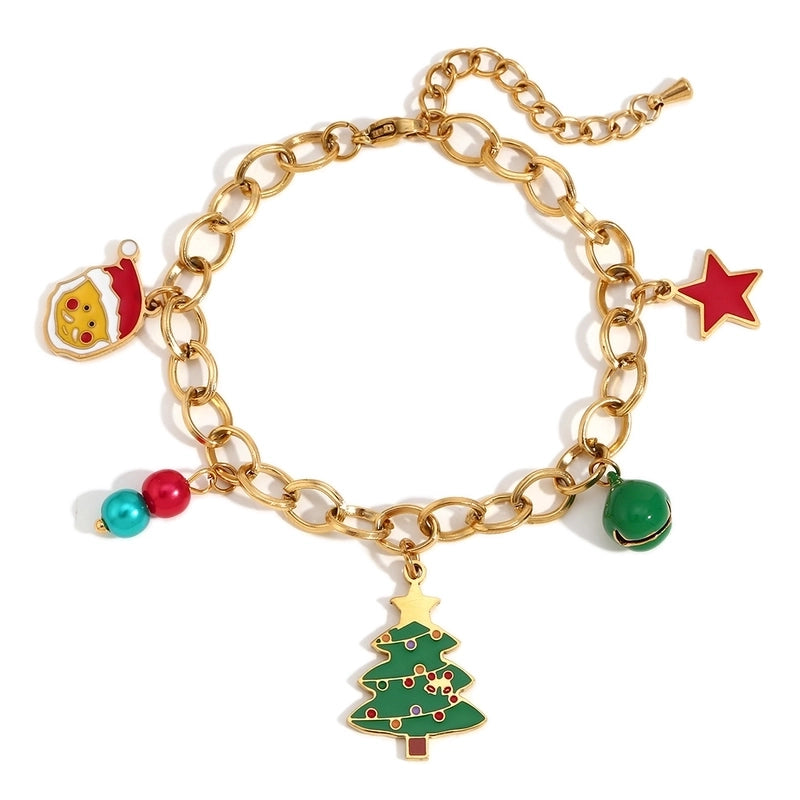 Cute Christmas Tree Santa Claus Bell 304 Stainless Steel 18K Gold Plated Cable Chain Bracelets In Bulk Christmas