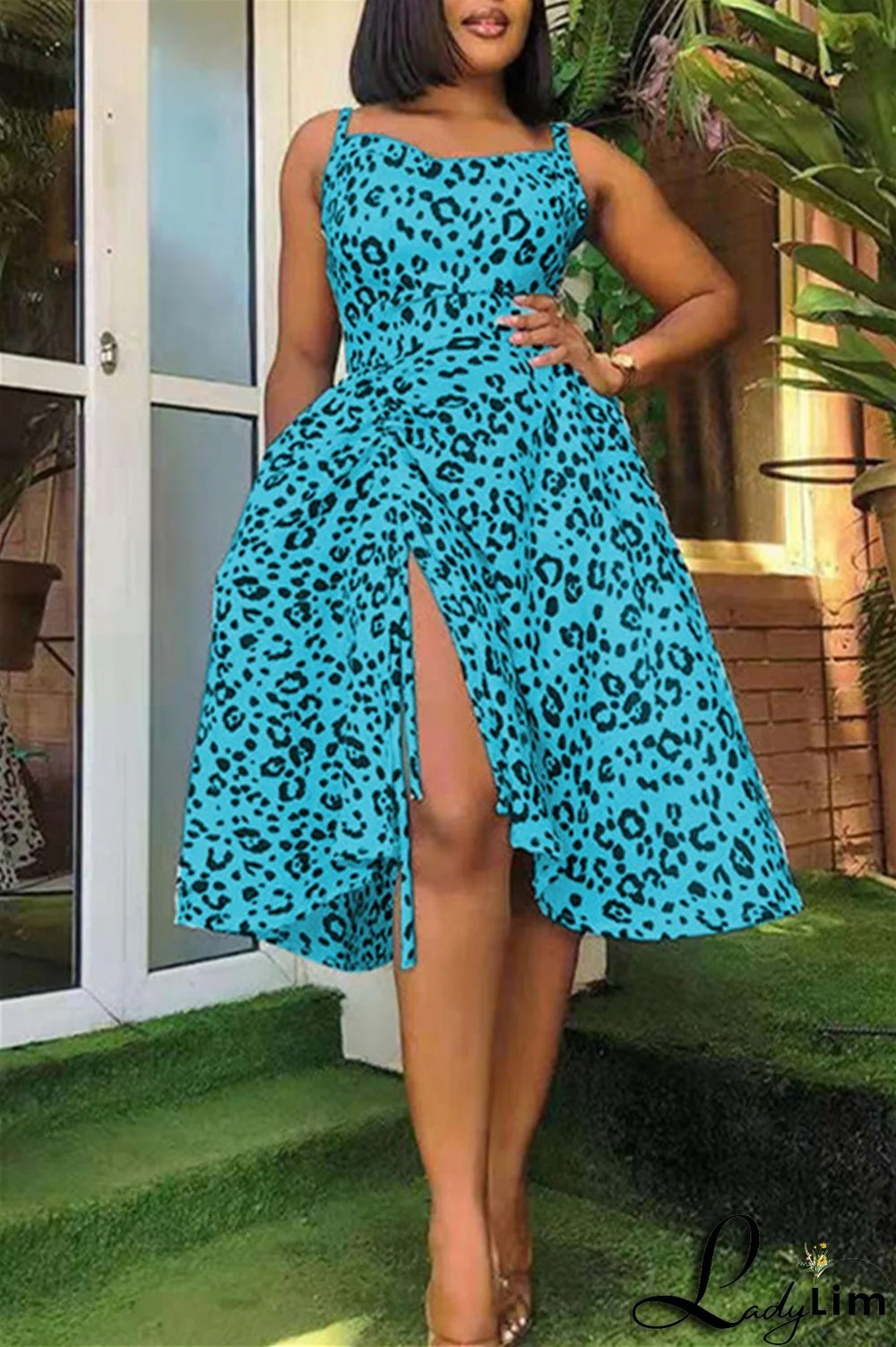 Deep Blue Fashion Sexy Print Backless Slit Square Collar Sling Dress