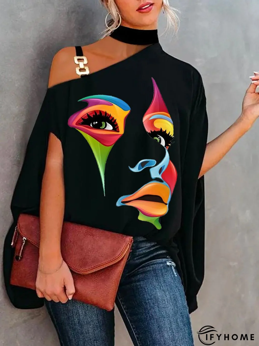 Elegant Printed Asymmetrical Neck Short Sleeve Abstract Top | IFYHOME