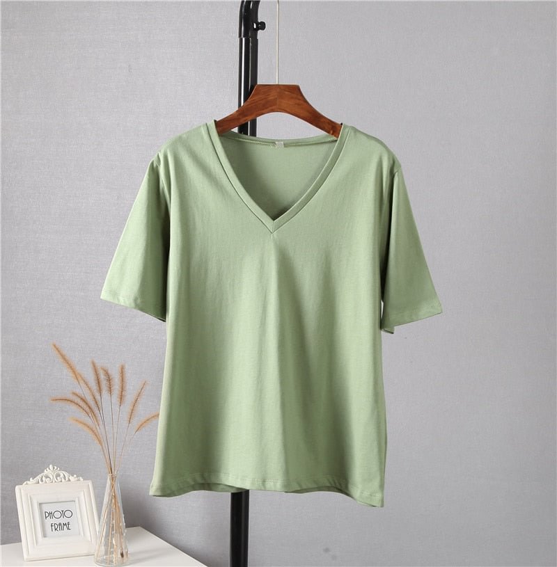 Hirsionsan 100% Cotton Summer T Shirt Women Soft Short Sleeve V Neck Female Tees Basic Kintwear Tops Harajuku Tshirt for Ladies