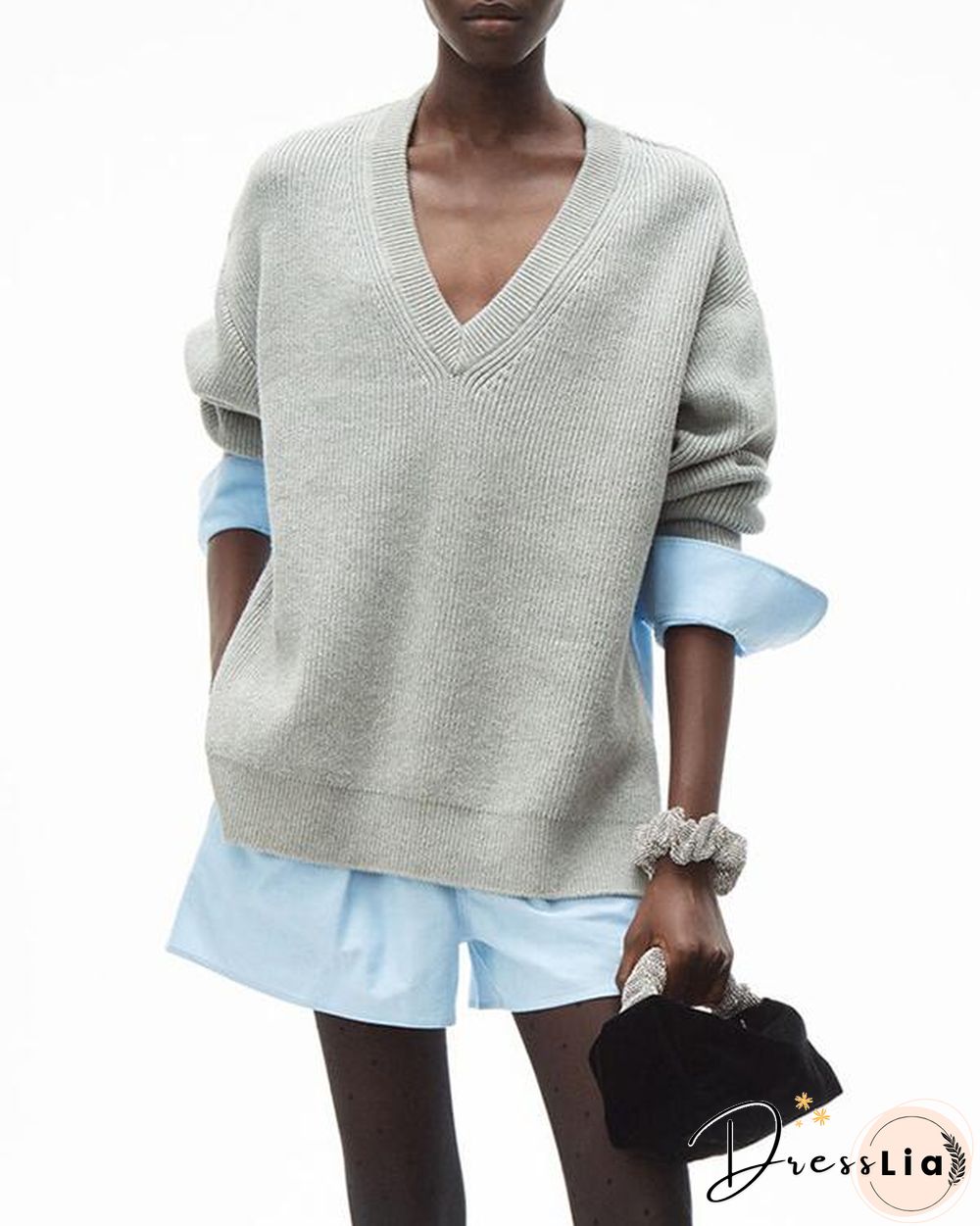 Women Minimalism Knitting V-neck Shirt Patchwork Sweater Shirt