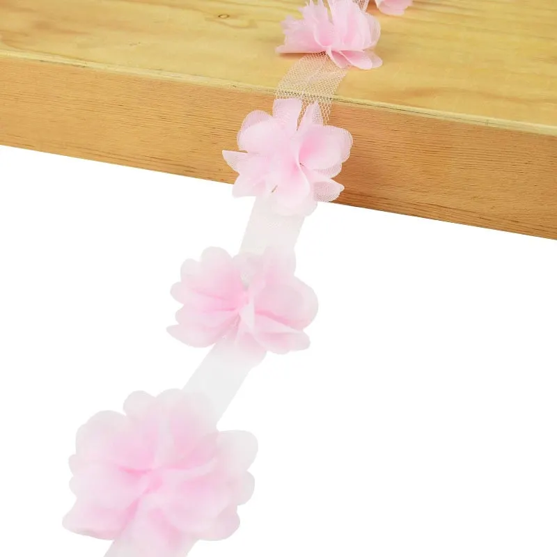 2Yards 24Pcs Flowers 3D Chiffon Cluster Flowers Lace Dress Decoration Lace Fabric Applique Trimming DIY Crafts Sewing Supplies
