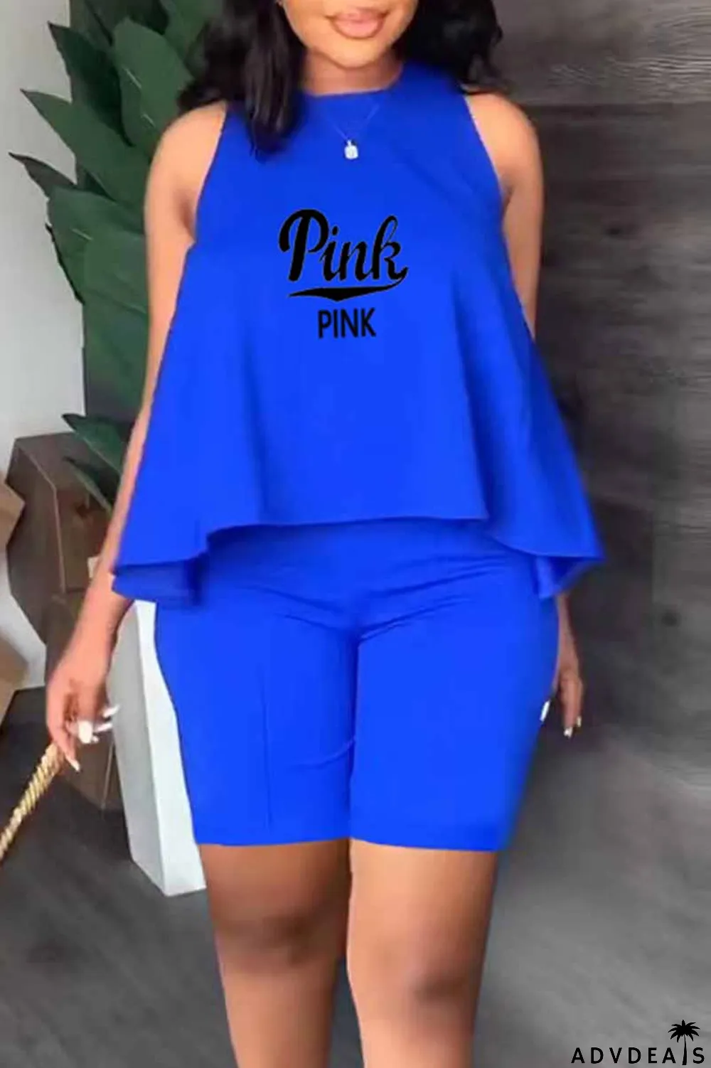 Orange Casual Print Letter O Neck Sleeveless Two Pieces