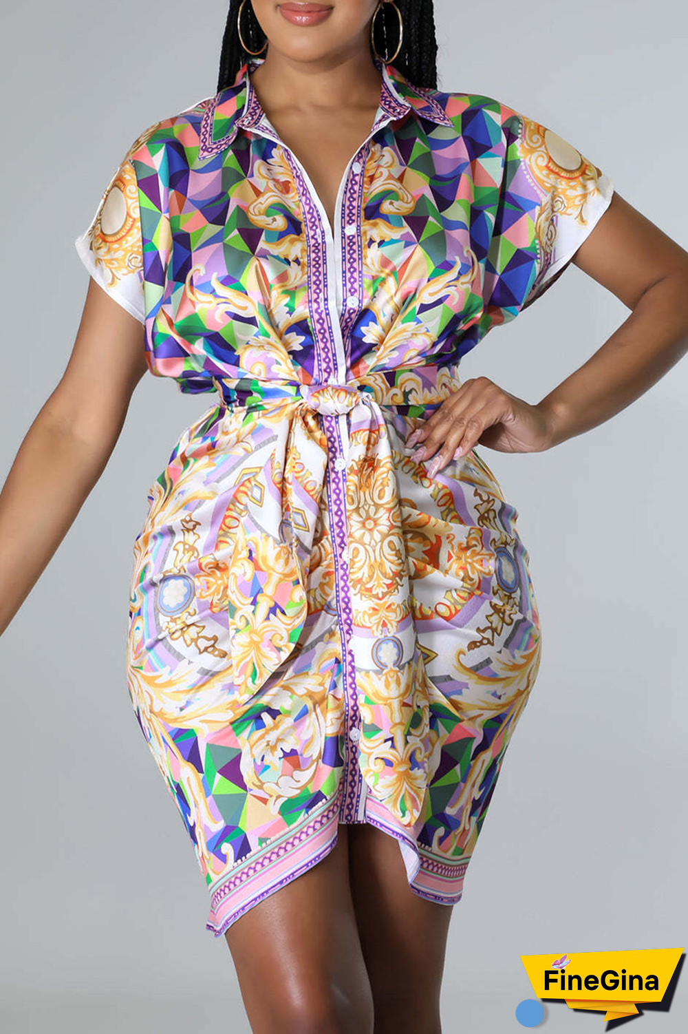 Pink Casual Print Patchwork Turndown Collar Shirt Dress Dresses